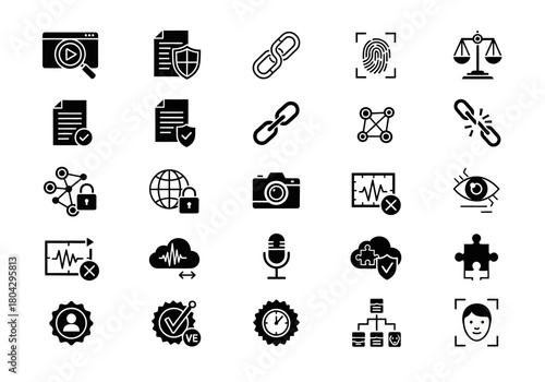 Comprehensive glyph icon pack for user interface design, featuring technology, data security, and identity verification symbols