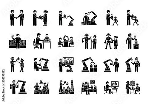 A set of pictograms showing human and robot interactions, including collaboration, automation, and artificial intelligence concepts