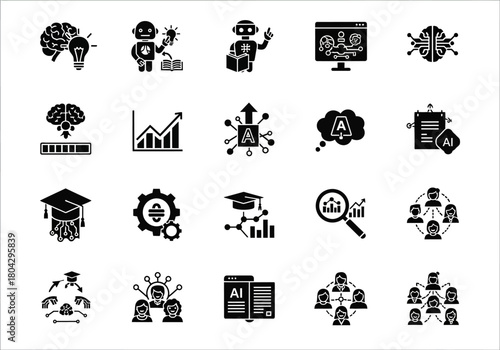 Artificial intelligence and machine learning glyph icon set. Collection of solid symbols for data science, neural networks, and education technology