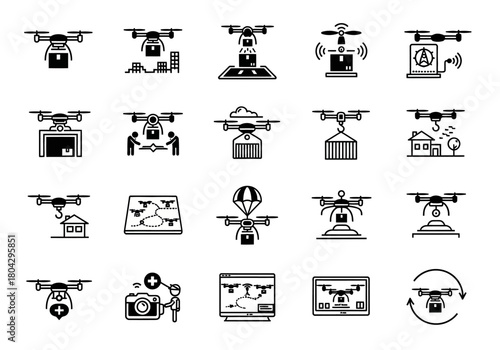 Set of linear icons for drone delivery service, quadcopter logistics, and unmanned aerial vehicle technology
