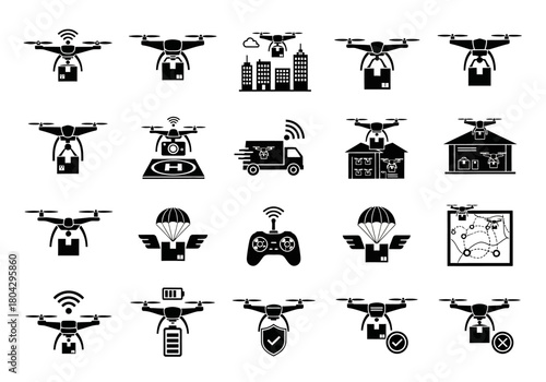 Drone delivery glyph icon set illustrating package shipping, autonomous logistics, and unmanned aerial vehicle technology services