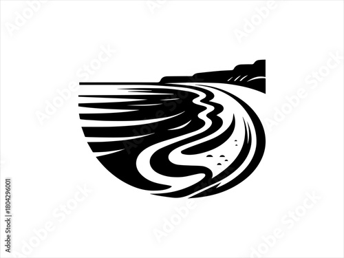 Beach landscape presented as a simple black vector emblem design. Nature scenery concept