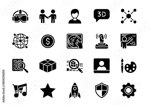 Collection of modern solid glyph icons for technology projects, representing virtual reality, business, coding, security, and creative concepts