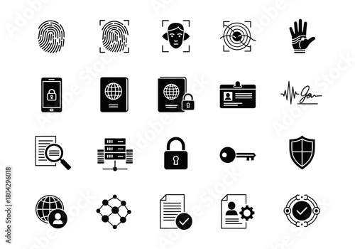 Vector icon set of biometrics and security symbols for identity verification, data protection, and authentication technology