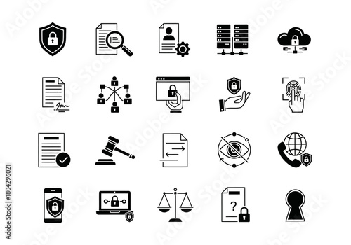 Data privacy and cybersecurity glyph icons set. Collection of simple pictograms for online protection, legal compliance, and network security