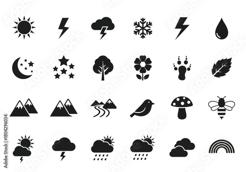 Vector glyph icon set of weather and nature symbols, featuring sun, moon, rain, snow, mountains, and animals for web design