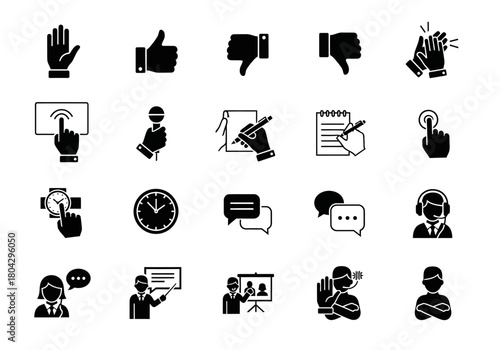 A comprehensive set of solid glyph icons depicting business communication, user feedback gestures, and interface interaction elements for modern design