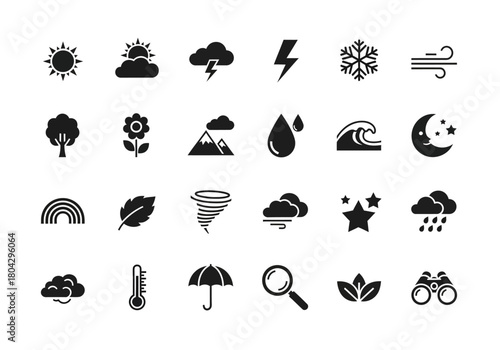 Comprehensive weather forecast and nature icon set featuring climate symbols for meteorology and seasonal elements as a vector collection