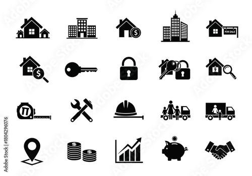 A collection of flat black glyph icons representing real estate and property investment. Vector symbols for construction, home buying, and finance