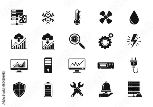 Simple glyph icon set for server management, including data analysis, network security, cooling systems, and IT maintenance