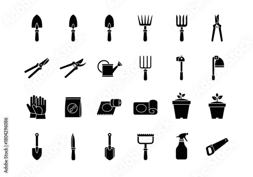Vector set of solid black glyph icons depicting essential gardening, farming, and horticultural equipment for landscaping