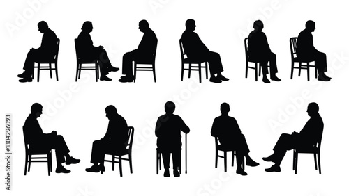 Silhouettes of people sitting on chairs isolated on white background, Vector