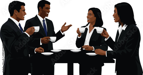 Diverse group of four business people standing, drinking coffee and talking during a break, flat vector illustration on white background.