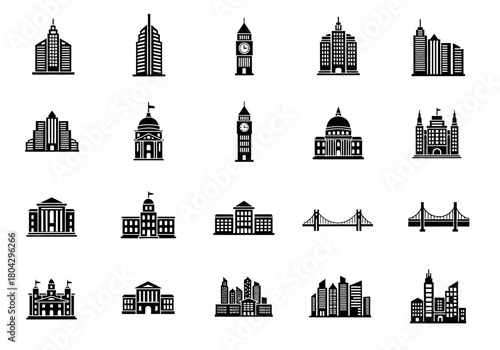 A comprehensive set of monochrome building and city architecture icons. Vector graphic symbols of urban landmarks and skylines