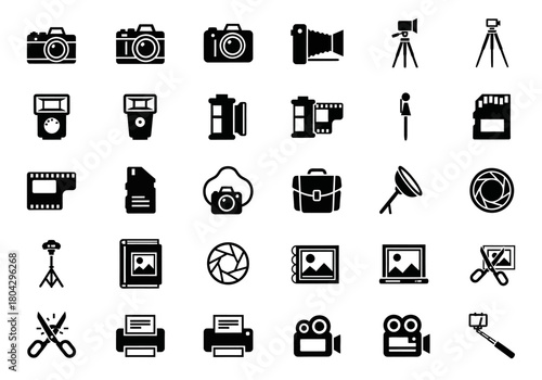 Simple photography and videography glyph icon set. A collection of vector symbols representing camera equipment, accessories, and digital media