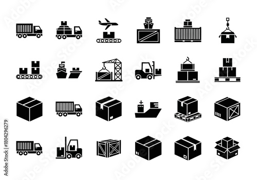 Monochrome vector icon set for logistics and shipping. A collection of symbols for freight, cargo delivery, and transportation services