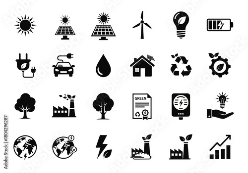 A diverse collection of flat glyph icons representing concepts of renewable energy, ecology, environmental conservation, and sustainable technology