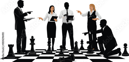 Executives on giant chessboard, business strategy meeting, planning tactical moves, corporate decision making, leadership collaboration, competitive advantage, strategic growth today