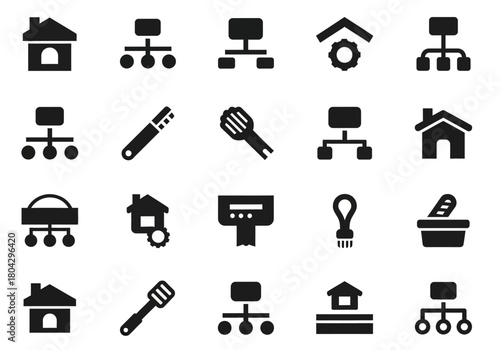 A minimalist glyph icon set featuring real estate, sitemap organization, and culinary themes for web and application interface design