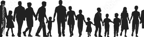 Family unity silhouette, people holding hands, community bond vector, social connection art, black illustration, togetherness concept, support symbol design