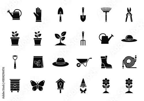 A collection of solid black glyph icons for gardening, farming, and horticulture. The set includes tools, plants, and nature symbols for outdoor activities