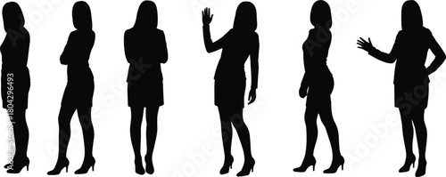 Female silhouette standing pose, fashion gesture vector, confident woman illustration, black figure art, stylish body language, skirt heels design