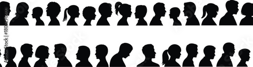 Human profile silhouette, diverse faces vector, black head icons, hairstyle variation, side view people, identity, diversity, design, clipart, shape