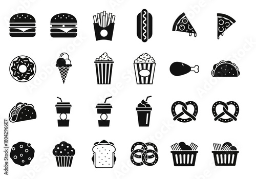 A comprehensive set of monochrome fast food and snack icons, featuring classic items like burgers, pizza, and drinks in a simple silhouette style