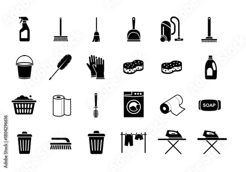 Comprehensive icon set of cleaning supplies, laundry symbols, and housekeeping tools. A vector glyph collection for household chores