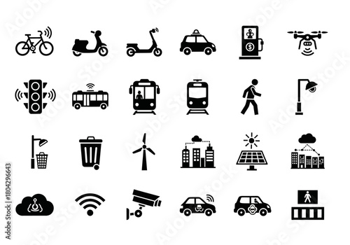 Vector icon collection representing smart city infrastructure, urban transportation, and modern technology concepts