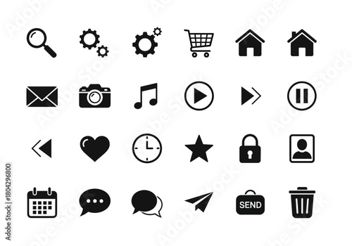 A versatile set of universal black glyph icons for web design and mobile applications, collection of simple vector symbols for user interface