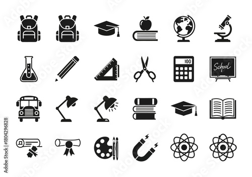 Set of flat education and school glyph icons. A simple vector collection of learning and science symbols for web and print design