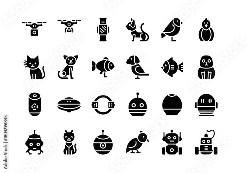 A collection of modern solid glyph icons featuring futuristic technology, cute robot characters, and various animal pets
