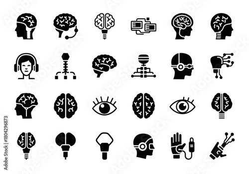 Glyph icon collection symbolizing neurotechnology, artificial intelligence, and futuristic human-machine interface concepts