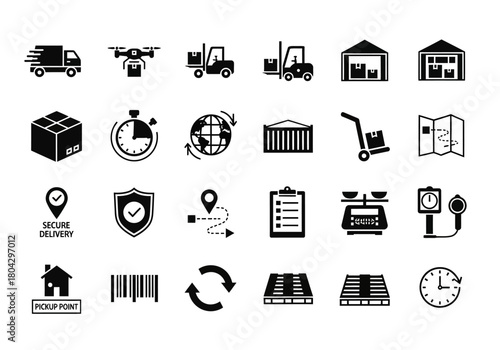 Vector icon set for cargo shipping, warehouse logistics, and package delivery services