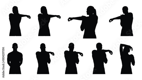People stretching arm silhouettes isolated on white background, Vector