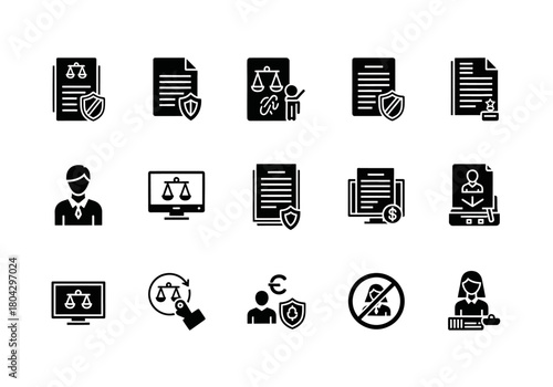 A collection of solid glyph icons representing the justice system, legal document security, and court regulations