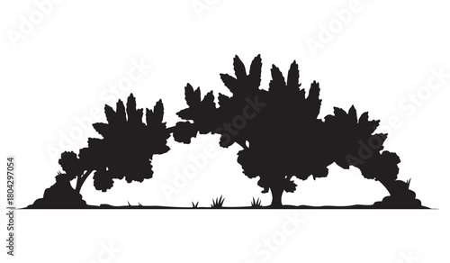  Silhouette of lush green trees forming an archway against a bright white background