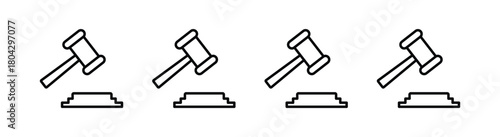 Four gavel and sounding block sets in a row, presented in a simple black and white outline style