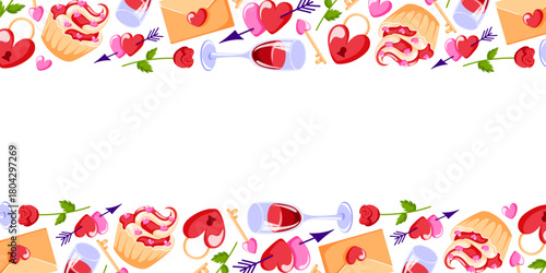 Romantic Valentine day border with cupcake, heart, rose, wine glasses and love letters on white background in flat style.