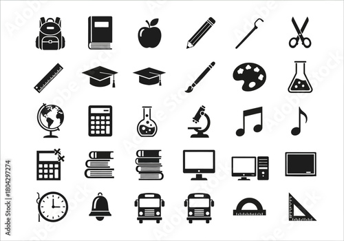 A collection of monochrome icons representing school subjects and educational supplies for graphic design projects