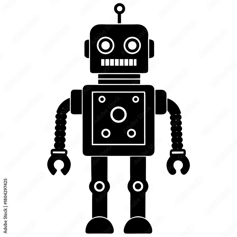 Fototapeta premium Retro robot icon black silhouette standing on white background