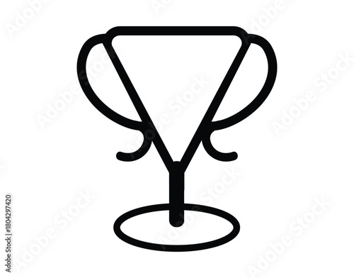 Outline drawing of a trophy with a triangular cup and curved handles on a circular base design element