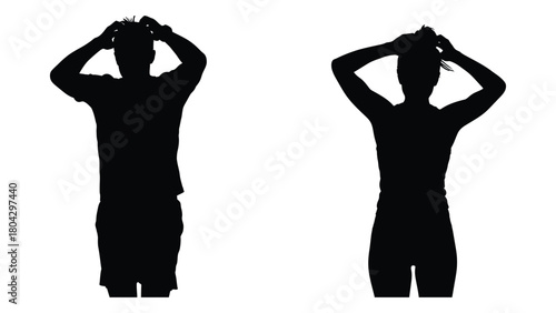Silhouettes of man and woman fixing hair isolated on white background, Vector