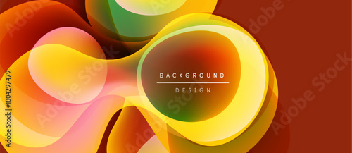 Abstract fluid shapes overlap, creating vibrant color gradients. Warm tones dominate, with hints of cool shades. Modern design element.