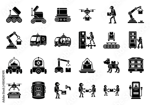 Vector glyph collection of robotic delivery, warehouse automation, and futuristic transport pictograms for smart logistics