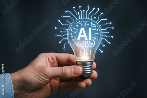 Wallpaper Mural Artificial Intelligence Concept: Hand Holding Illuminated Light Bulb with AI Brain Circuitry Against Dark Background Torontodigital.ca