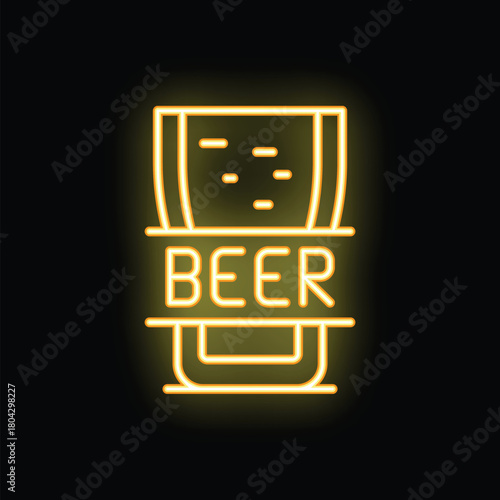 Yellow neon sign in the shape of a beer glass, shining on a black background