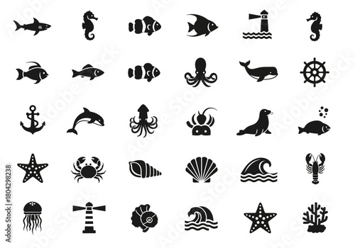 Vector icon collection of sea animals and marine life symbols. Black glyph set for design including fish, octopus, and nautical elements