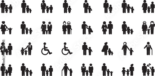 Diverse family icon set depicting various family structures and situations